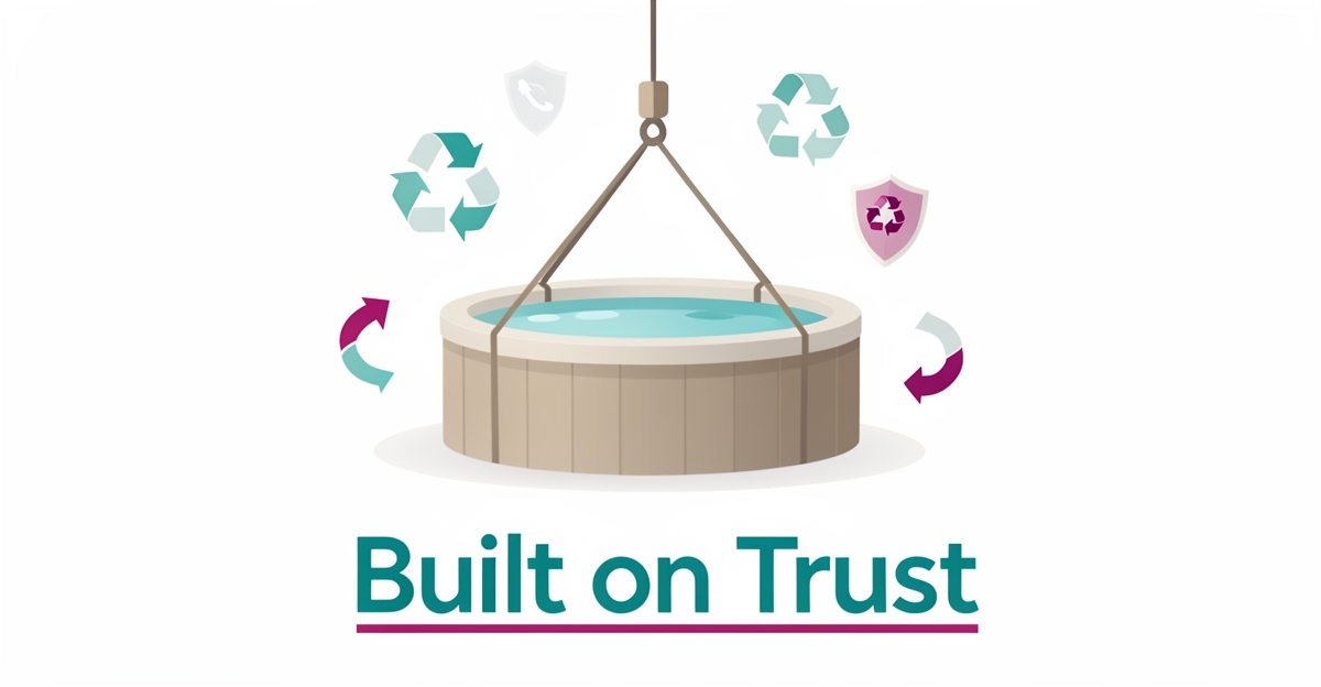 Flat illustration of a hot tub being safely lifted for eco-friendly disposal with trust and recycling icons in teal and magenta accents.
