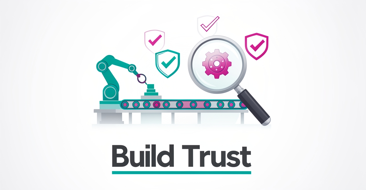 Flat illustration of a quality inspection on a minimalist manufacturing line with certification badges in teal and magenta, headline reading Build Trust.