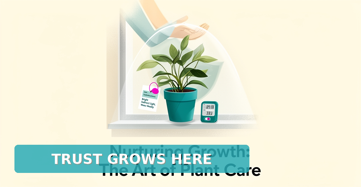 Flat illustration of a healthy potted plant with a protective care shield in teal and magenta, symbolizing post-purchase plant care trust.