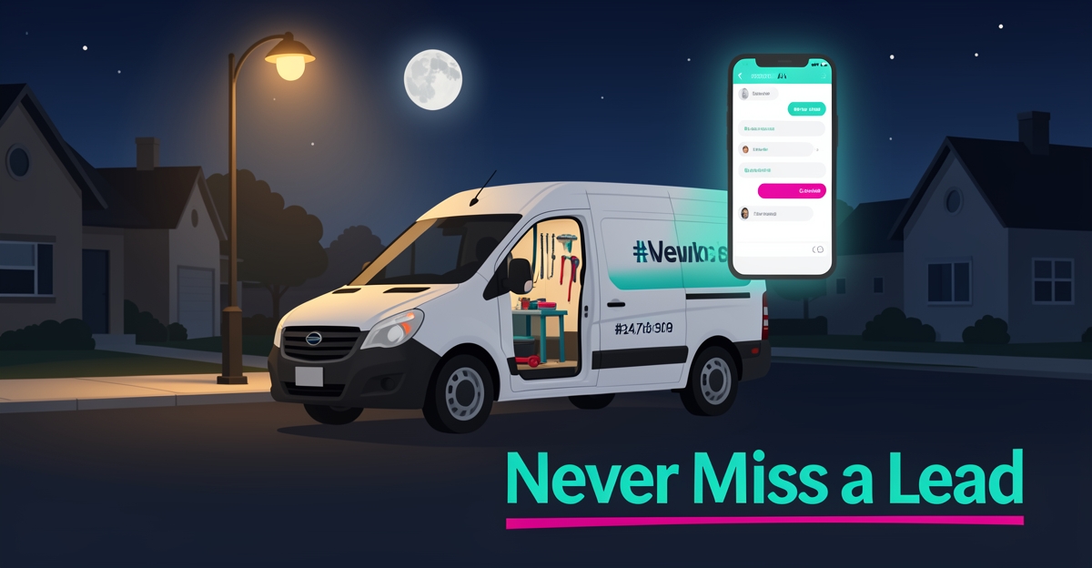 Mobile windshield repair van at night with AI chat interface on phone screen representing 24/7 lead capture.