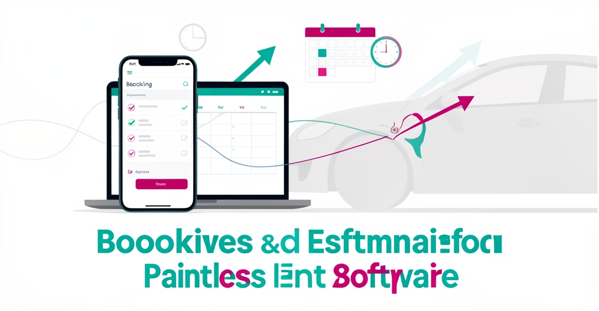 Flat illustration of a booking calendar app on a phone and laptop beside a dent repair car panel in teal and magenta accents with the headline Book Smarter.