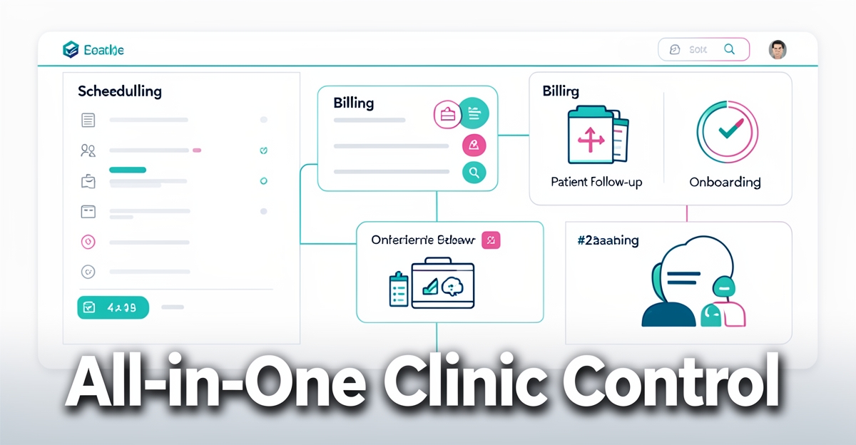 A minimalist flat illustration of a unified Botox clinic software dashboard with scheduling, billing, and patient follow-up modules connected in a secure system, featuring brand color accents.