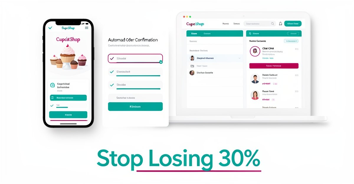 Flat illustration of bakery website automating orders on phone and desktop with teal and magenta accents.