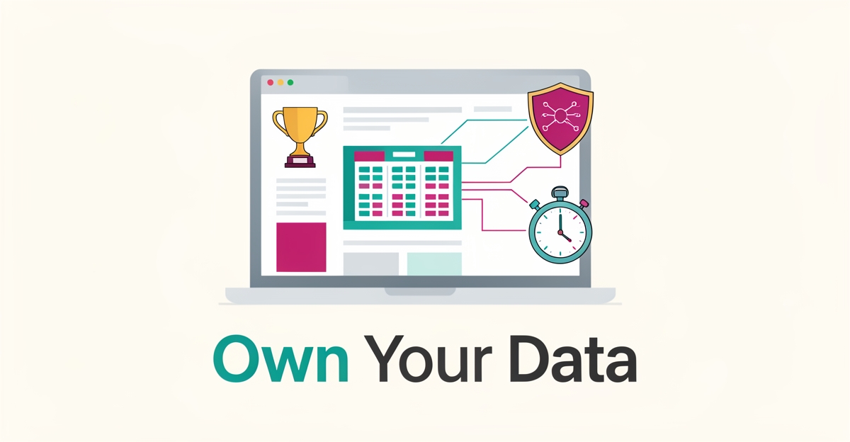 Flat illustration of a laptop showing a sports league website connected to icons for data ownership, speed, and AI, with the headline Own Your Data.