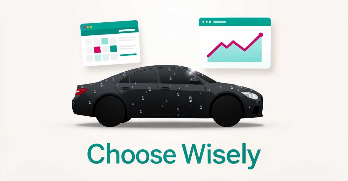 Flat illustration of a gleaming car beside abstract website dashboard elements in teal and magenta, symbolizing choosing a detailing business platform.