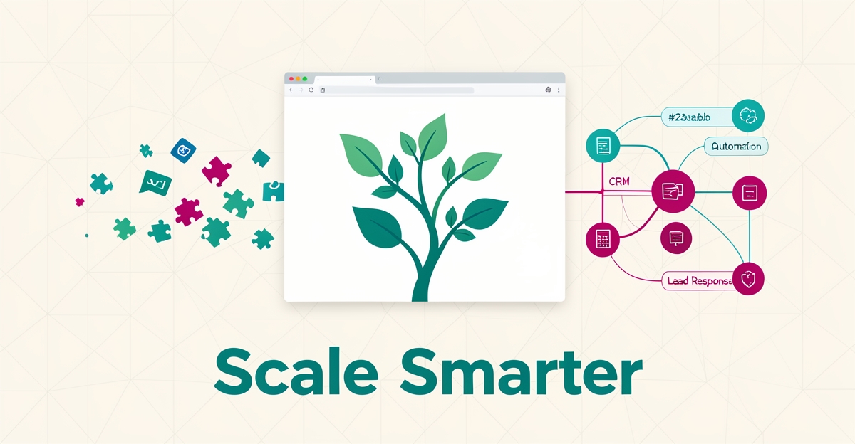 Flat illustration of a website platform growing like a plant, unifying CRM and automation tools, with teal and magenta accents.