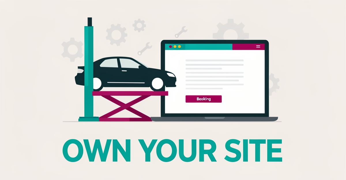 Flat illustration of an auto repair garage with a car on a lift beside a laptop showing a website, symbolizing choosing the right website provider for mechanics.