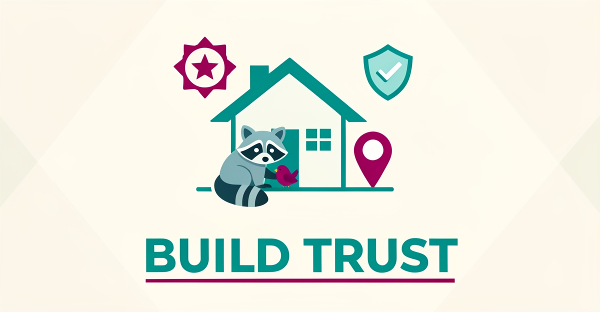 Flat illustration of humane wildlife removal with trust badges and review stars in teal and magenta, headlined Build Trust.