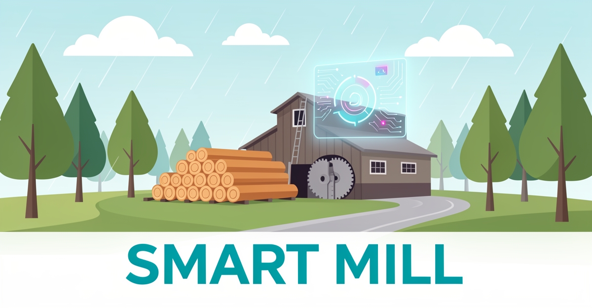 Flat illustration of a rural sawmill with logs, trees, and a digital AI interface overlay in teal and magenta, headlined Smart Mill.