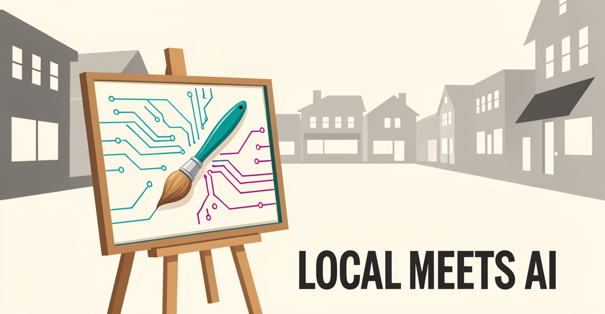Flat illustration of a painted storefront sign merging with digital circuit lines, symbolizing AI assistance for local sign painting design.