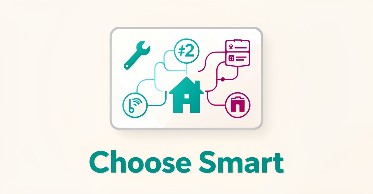 Flat illustration of a home repair dispatch board connected to automated AI workflow nodes in teal and magenta with the headline Choose Smart.