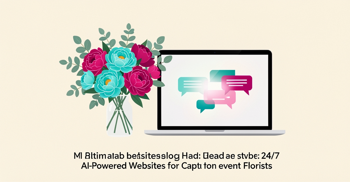 Flat illustration of an elegant floral arrangement beside a laptop with glowing chat bubbles in teal and magenta, symbolizing an AI-powered florist website.