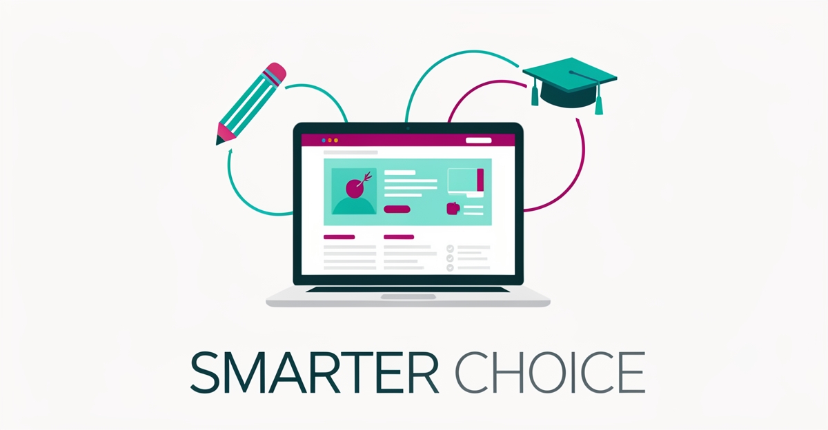Flat illustration of a laptop linking AI web design with education icons in teal and magenta, titled Smarter Choice.