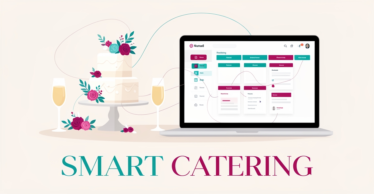 Flat illustration of a wedding catering table beside a laptop showing an AI booking dashboard, accented in teal and magenta with the headline Smart Catering.