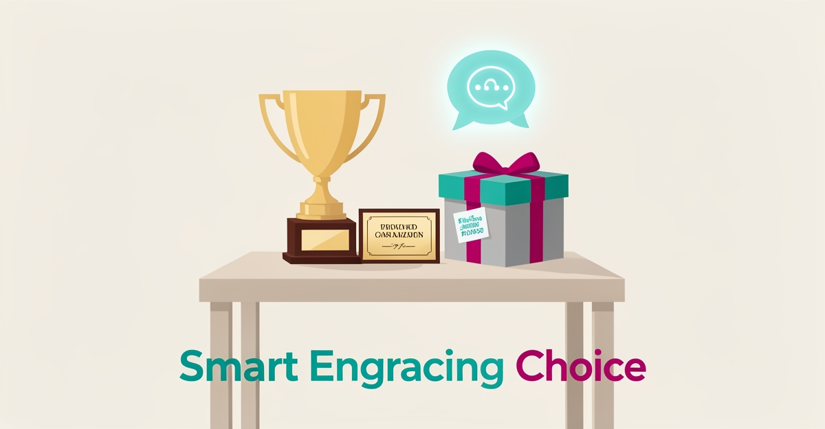 Flat illustration of a trophy, engraved plaque, and gift box with an AI chat icon in teal and magenta accents.