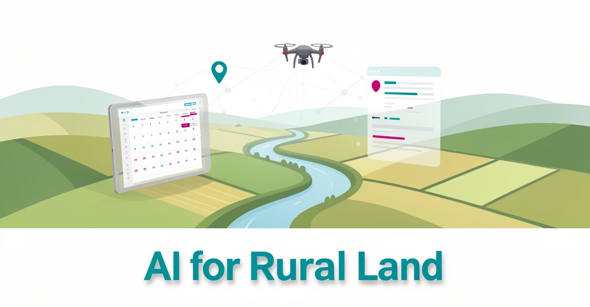 Flat illustration of rural farmland with digital AI interface overlays showing seasonal workflows and data connections in teal and magenta accents.