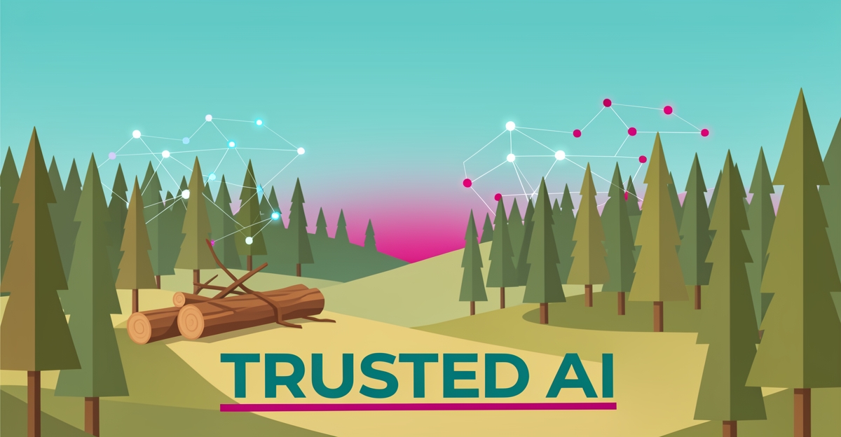 Flat illustration of a stylized timber forest with AI data nodes overhead, accented in teal and magenta, with headline Trusted AI.