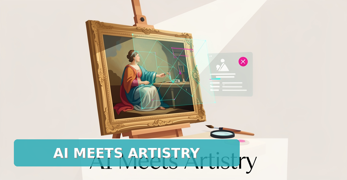 Flat illustration of an art restoration studio with a classical painting, restoration tools, and holographic AI scan elements in teal and magenta accents.