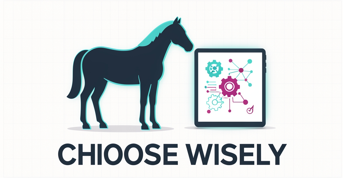 A minimalist flat illustration of a horse beside a tablet showing AI icons, with brand-colored accents, representing AI assistant selection for equine stables.