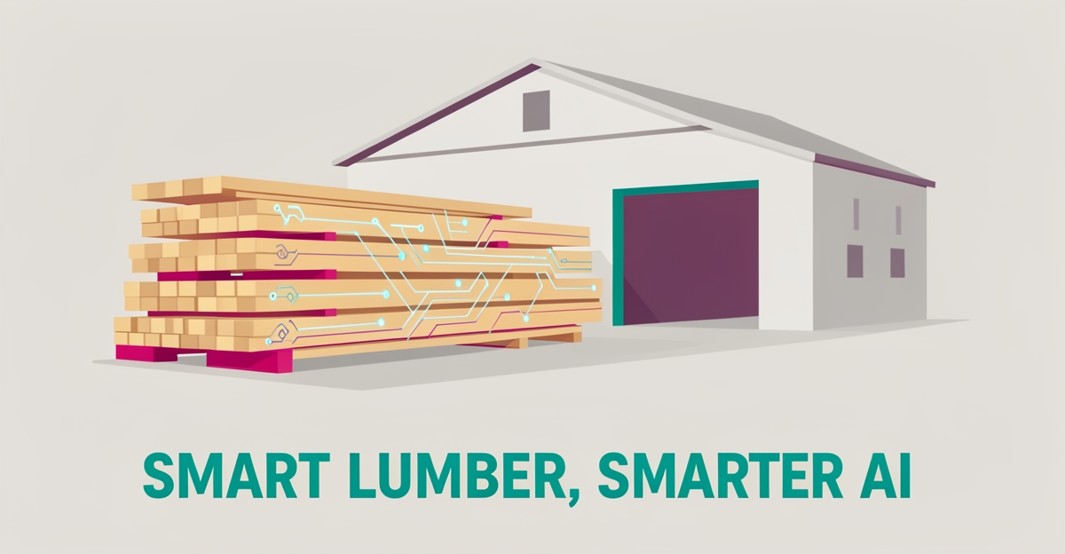 Flat illustration of a lumber yard with stacked timber and glowing AI circuit lines in teal and magenta accents.