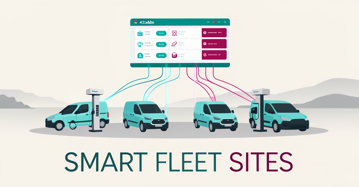 Flat illustration of electric fleet vans at charging stations with data-connected dashboard elements in teal and magenta accents.