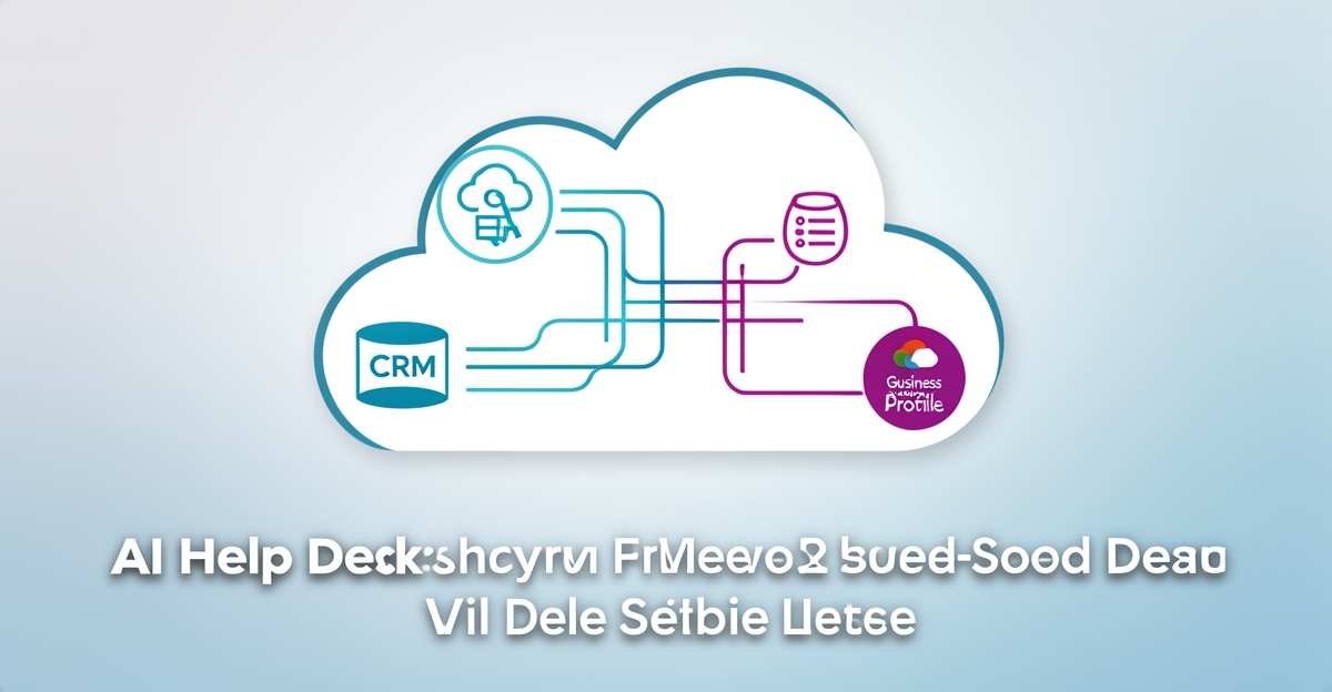 A minimalist flat illustration showing AI help desk software integrating with CRM and Google Business Profile, using brand colors as accents, with a short headline in the lower third.