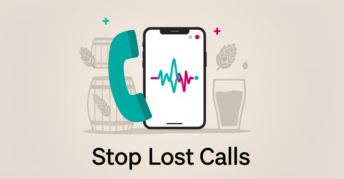 Flat illustration of phone and brewery elements with AI voice waveform highlighting AI call system for microbreweries.