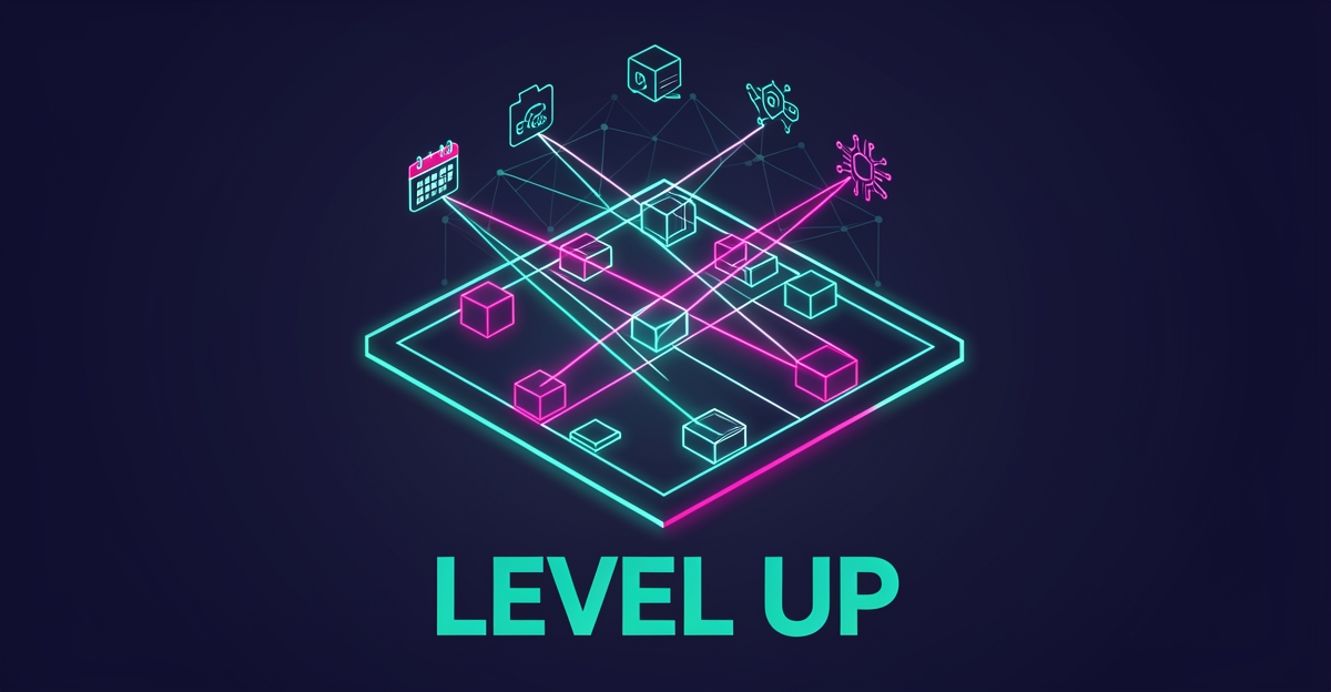 Flat illustration of a laser tag arena with teal and magenta laser beams connected to a digital platform network, headlined Level Up.