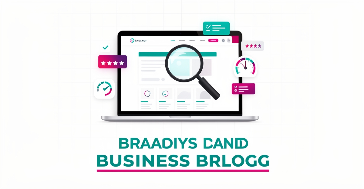 Flat illustration of a laptop with an agency website under a magnifying glass, accented in teal and magenta, with the headline Choose Wisely.