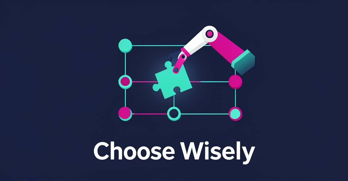 Flat illustration of a robotic arm placing a glowing puzzle piece into a flowchart, symbolizing choosing the right RPA consultancy.