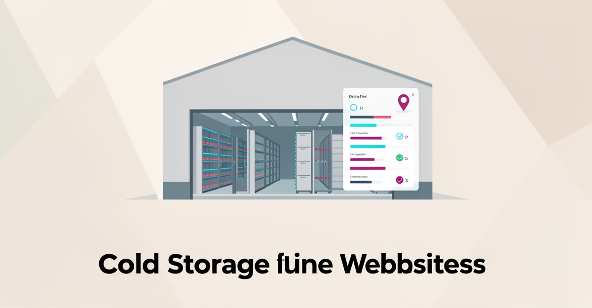 Flat illustration of a cold storage facility with live monitoring dashboard and local search elements for website selection.