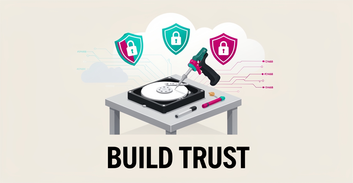 Flat illustration of a hard drive repair with security shield and padlock icons symbolizing trust in data recovery services.