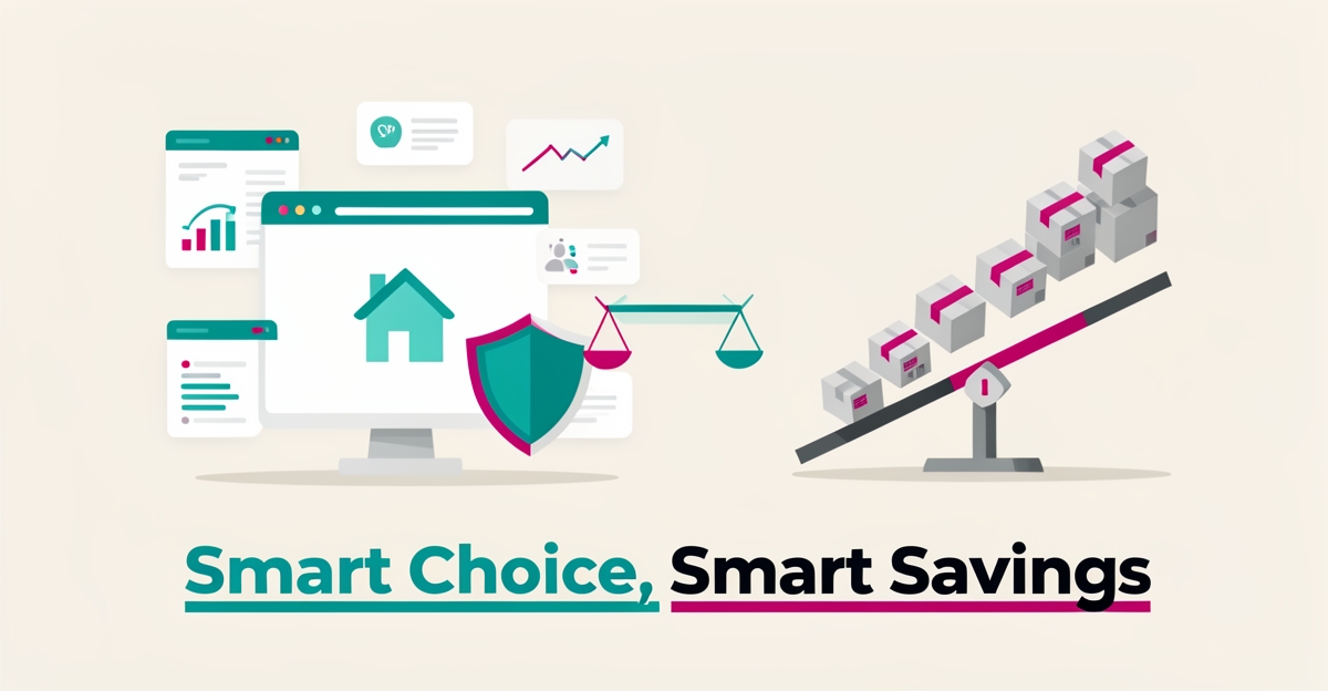 Flat illustration of a shield protecting a website window beside a scale balancing one platform against scattered subscription boxes, accented in teal and magenta.