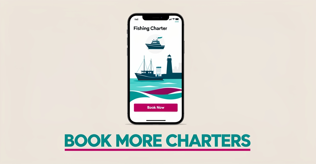 Flat illustration of a smartphone showing a fishing charter booking page beside a Halifax harbour fishing boat, with headline Book More Charters.