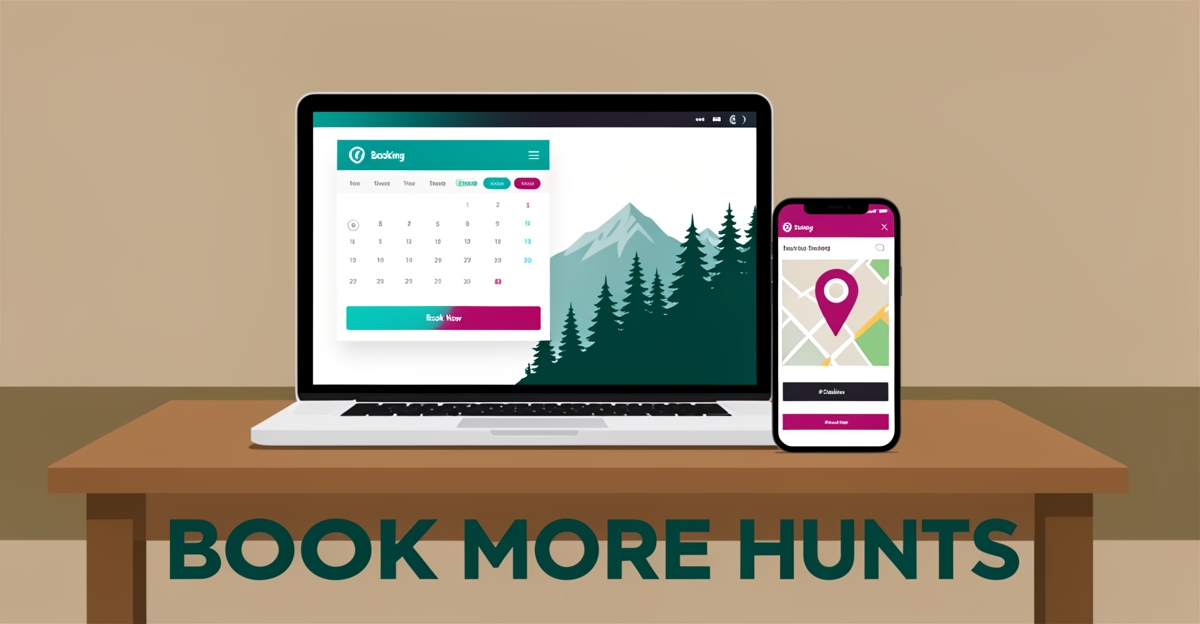 Flat illustration of a laptop with a booking calendar and map beside a forest landscape, headlined Book More Hunts.