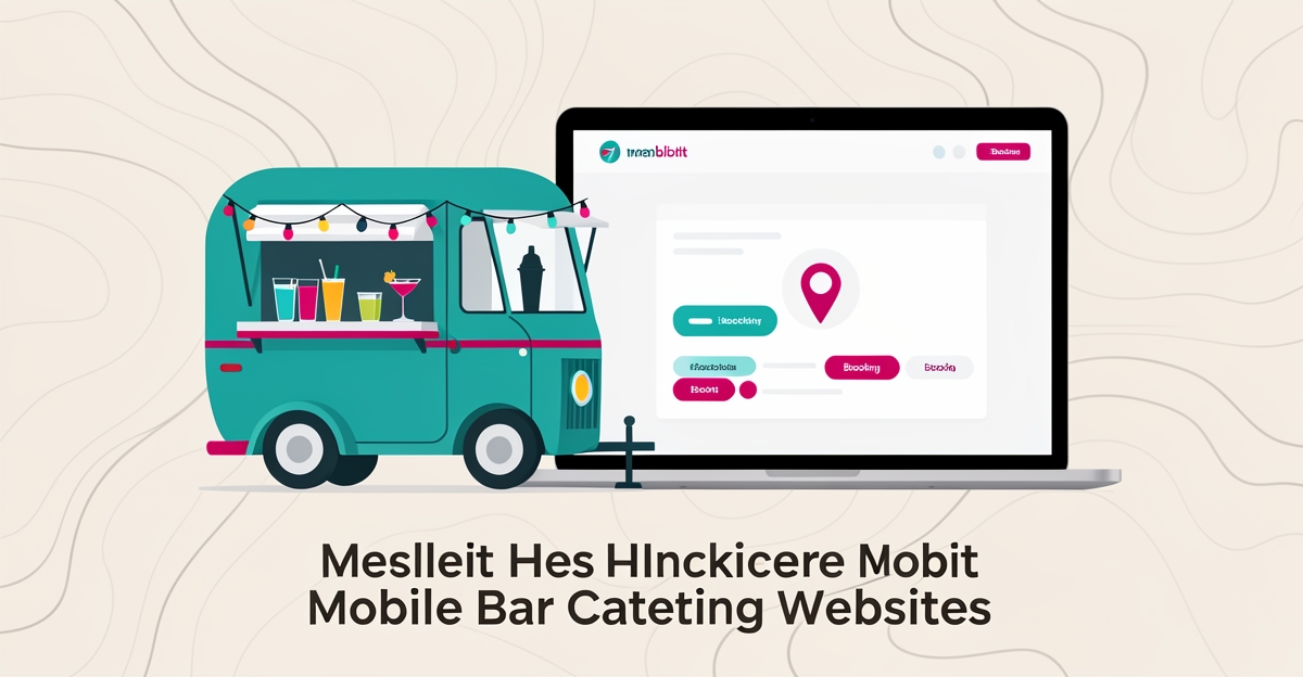 Flat illustration of a mobile bar trailer beside a laptop showing a website layout, accented in teal and magenta, with headline Mobile Bar Websites.