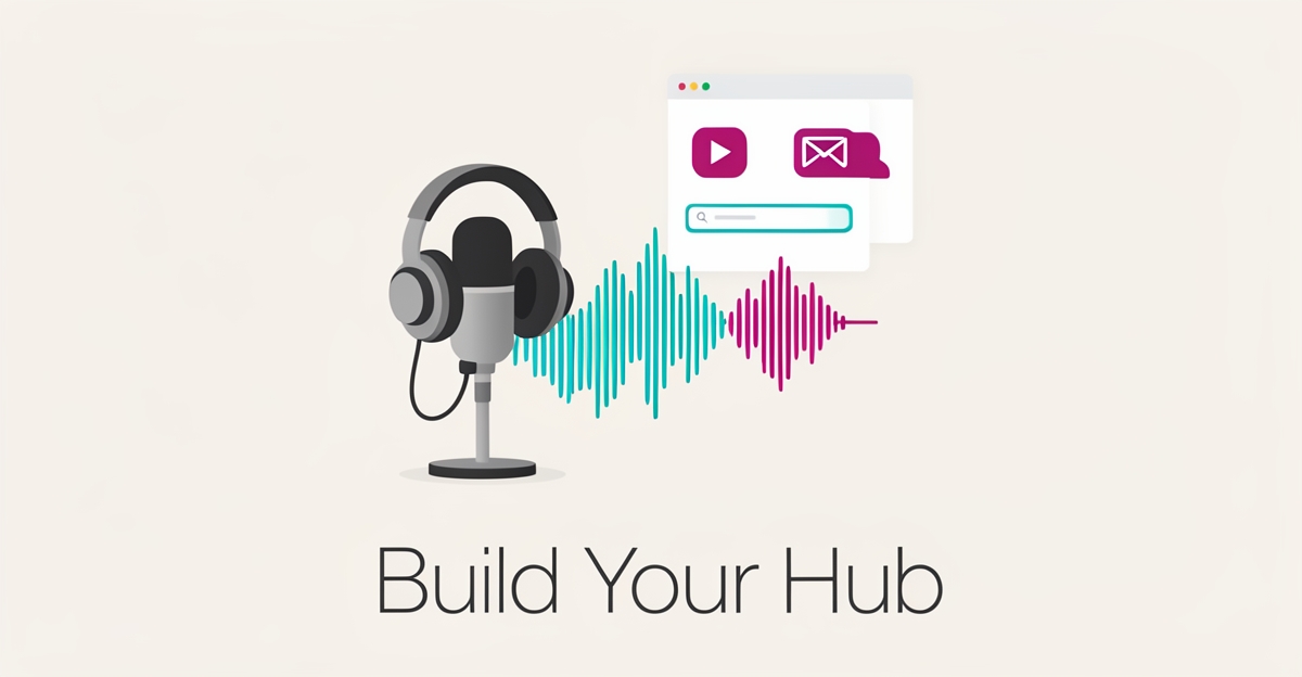Flat illustration of a podcast microphone with sound waves flowing into website interface elements, accented in teal and magenta.