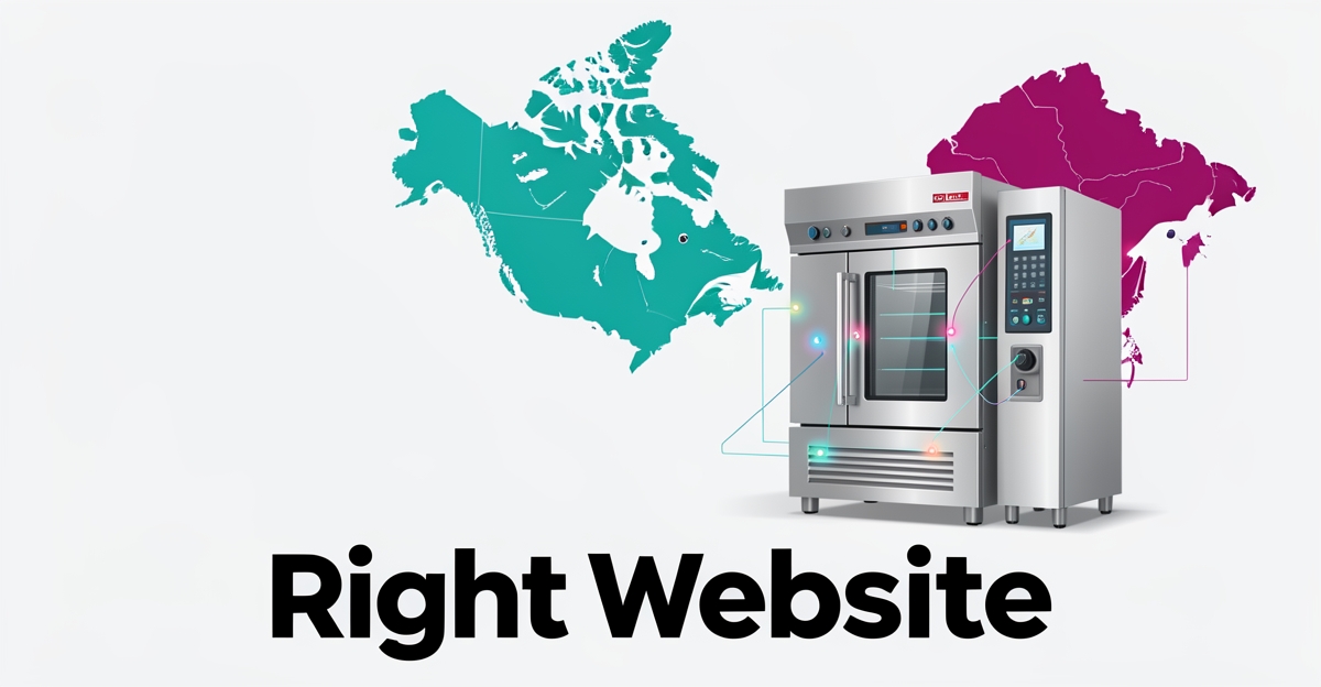 Flat illustration of commercial kitchen equipment with IoT diagnostics and an Eastern Canada service map, titled Right Website.