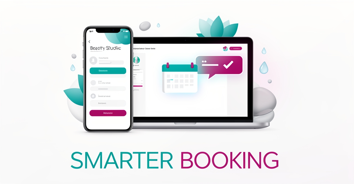 Flat illustration of a smartphone and laptop showing an AI-powered esthetician booking interface with chat and calendar elements in teal and magenta.