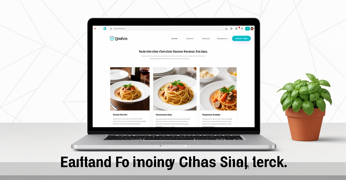 A minimalist flat illustration of a laptop displaying an Italian restaurant website with a reserve button and food photos, accented with brand colors teal and magenta.