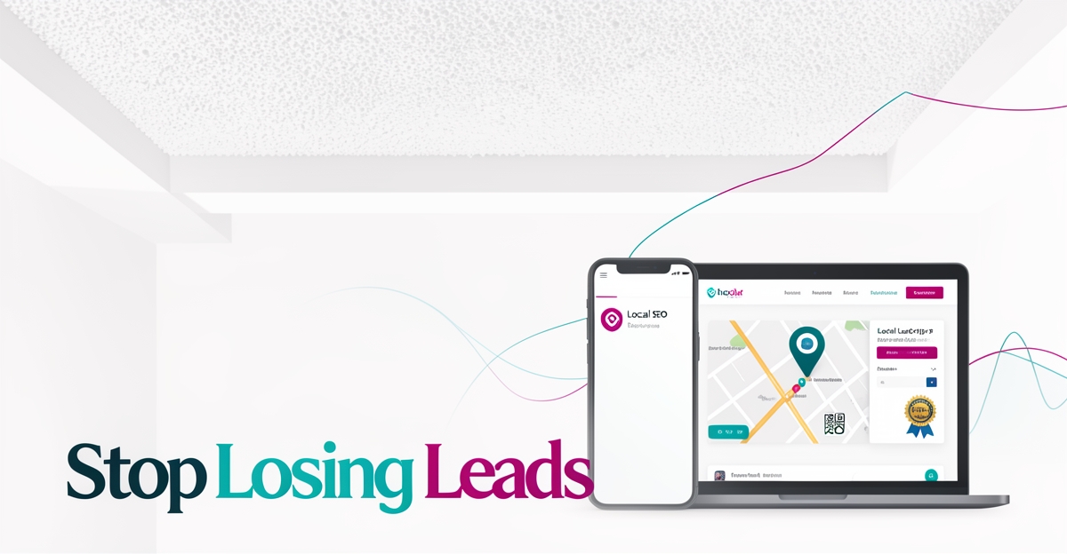 Flat illustration of popcorn ceiling removal website design with mobile-first layout and local SEO elements using teal and magenta accents.
