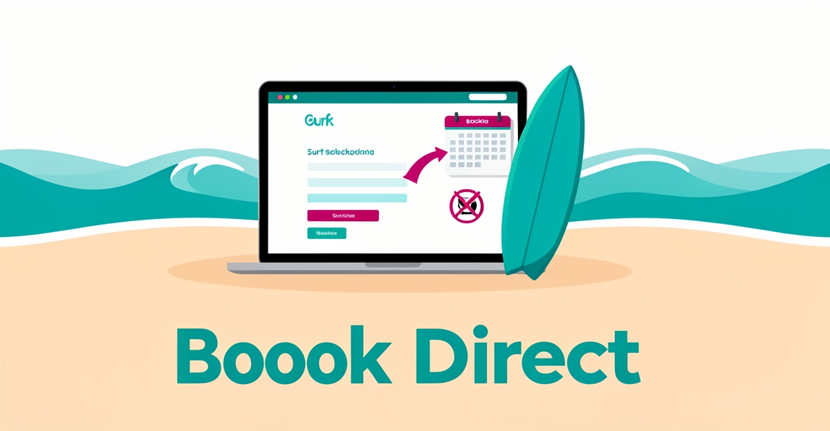 Flat illustration of a laptop showing a surf school booking website on a beach beside a surfboard, with 'Book Direct' headline in brand teal.