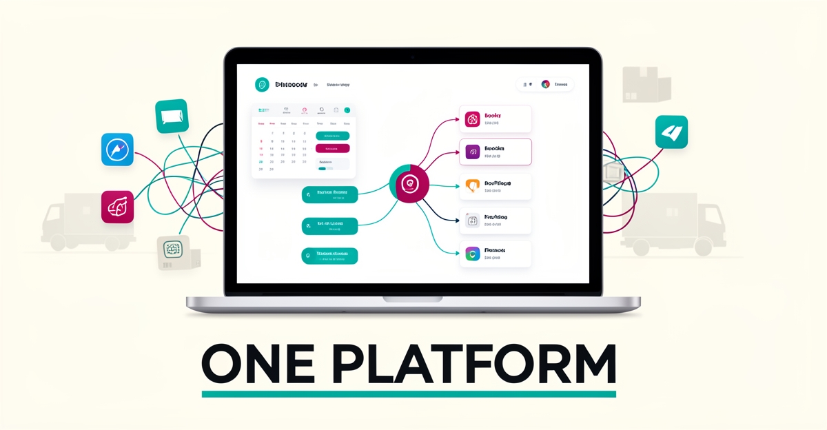 Flat illustration of a unified digital dashboard consolidating CRM, booking, and lead tracking tools for a moving business, with the headline One Platform.
