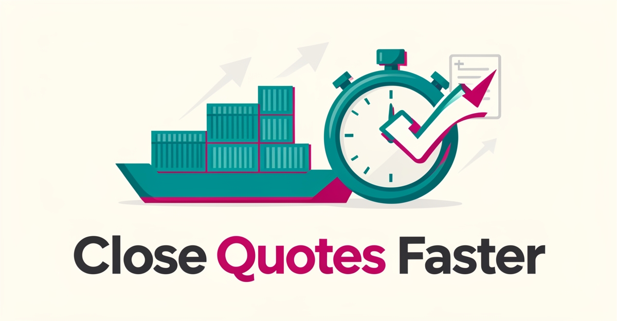 Flat illustration of a cargo ship, containers, and a stopwatch symbolizing faster freight quote closure through contract automation.