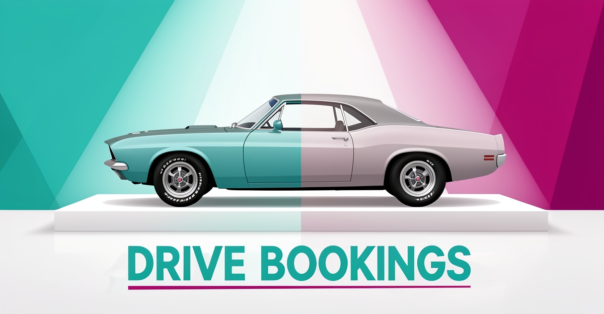 Flat illustration of a restored classic car on display with teal and magenta accents, symbolizing a client showcase that drives restoration bookings.