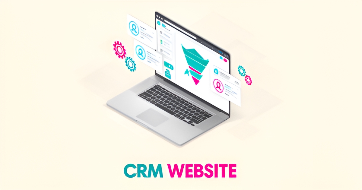 Flat illustration of a CRM website dashboard with lead capture and automation icons in teal and magenta, titled CRM Website.
