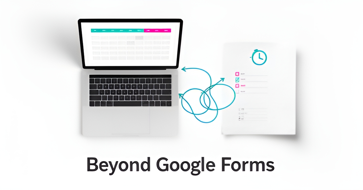 Flat illustration of a laptop with a booking calendar and a manual paper form, symbolizing the limits of Google Forms for scheduling.