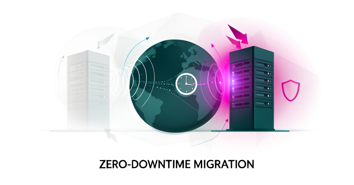 Flat illustration of DNS migration between servers with a clock symbolizing TTL timing, accented in teal and magenta.