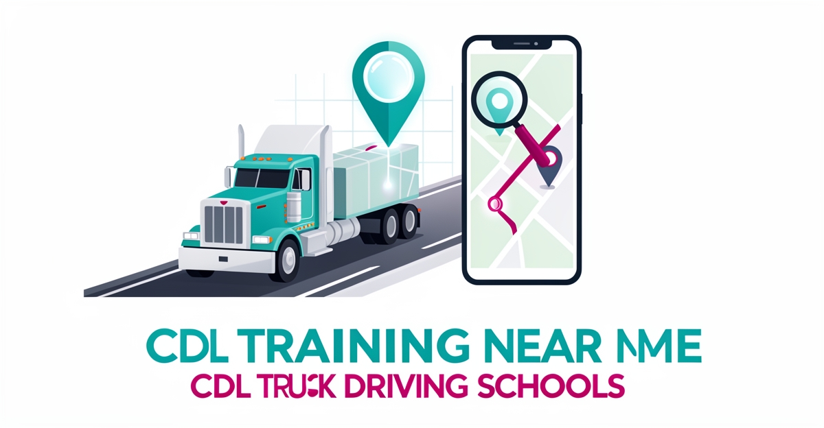 Flat illustration of a semi-truck beside a map with glowing location pins, symbolizing local SEO for CDL training searches.