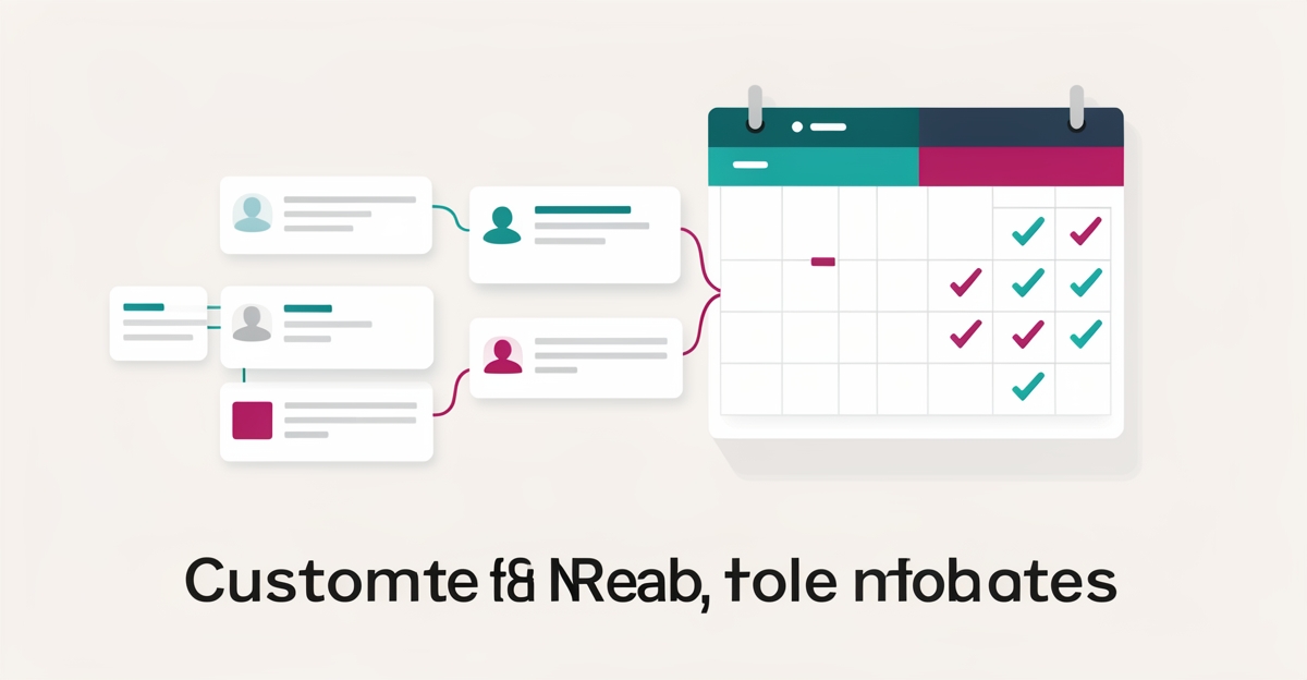 Flat illustration of a CRM dashboard linking customer records to calendar reminders in teal and magenta, with headline 'Repeat Business, Automated'.